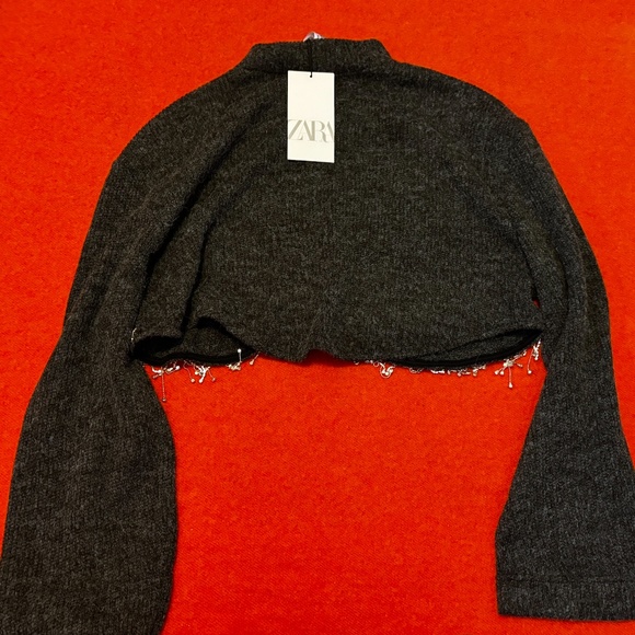 Zara dark gray soft long sleeves rhinestone fringing cropped sweater NWT - Picture 10 of 10